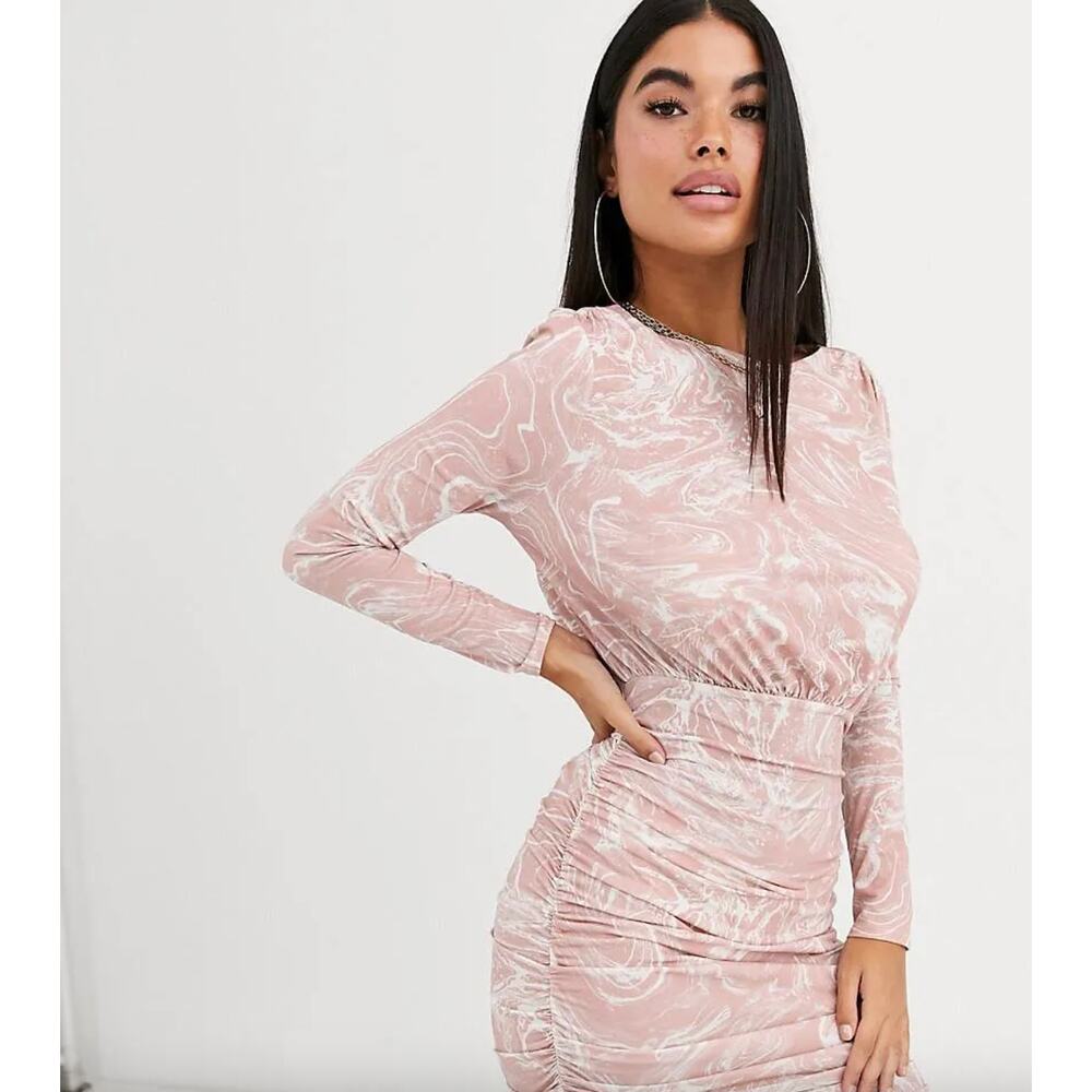 ASOS DESIGN Ruched Marble Print Midi Dress Long Sleeve Size 6